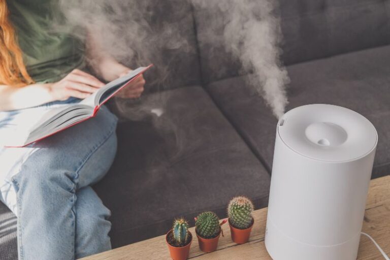 Woman reading book near home humidifier