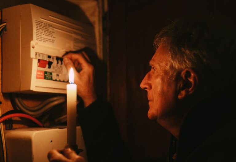 Man checking fuse box during blackout