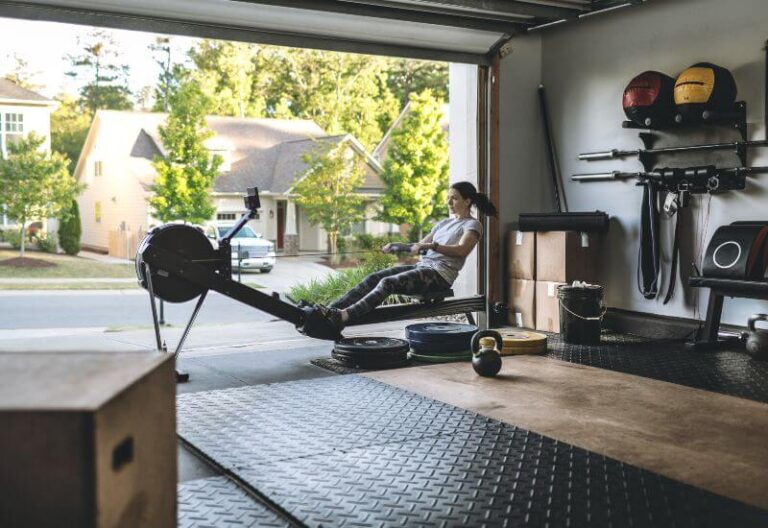 Woman exercising in garage